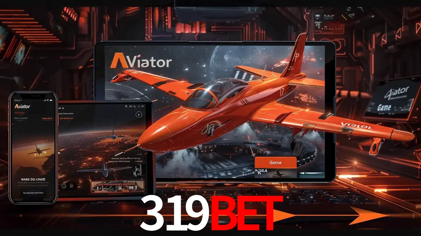 Apresentação tecnológica do jogo Aviator com um avião saindo da tela de um tablet, demonstrando a experiência imersiva em múltiplos dispositivos no 319bet.