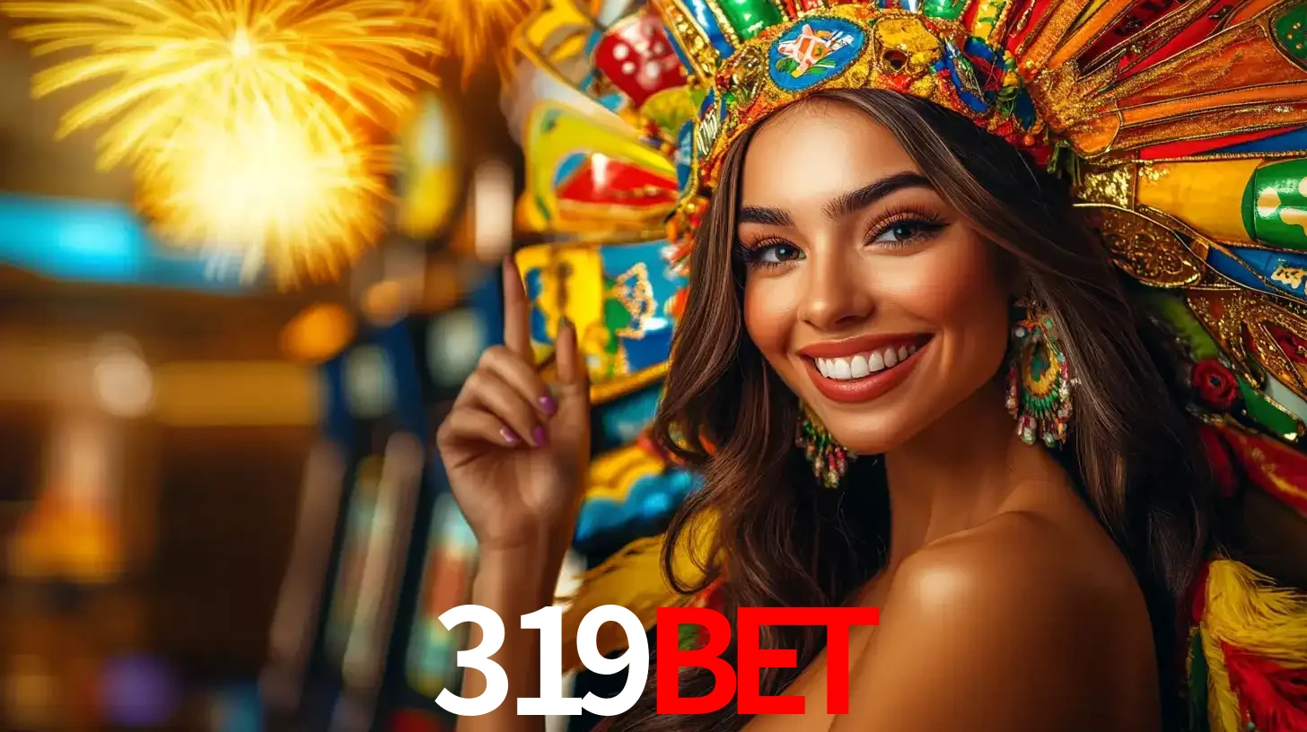 Mulher sorridente com um cocar de carnaval vibrante e colorido, celebrando uma grande vitória nos jogos do cassino 319bet com fogos de artifício ao fundo.