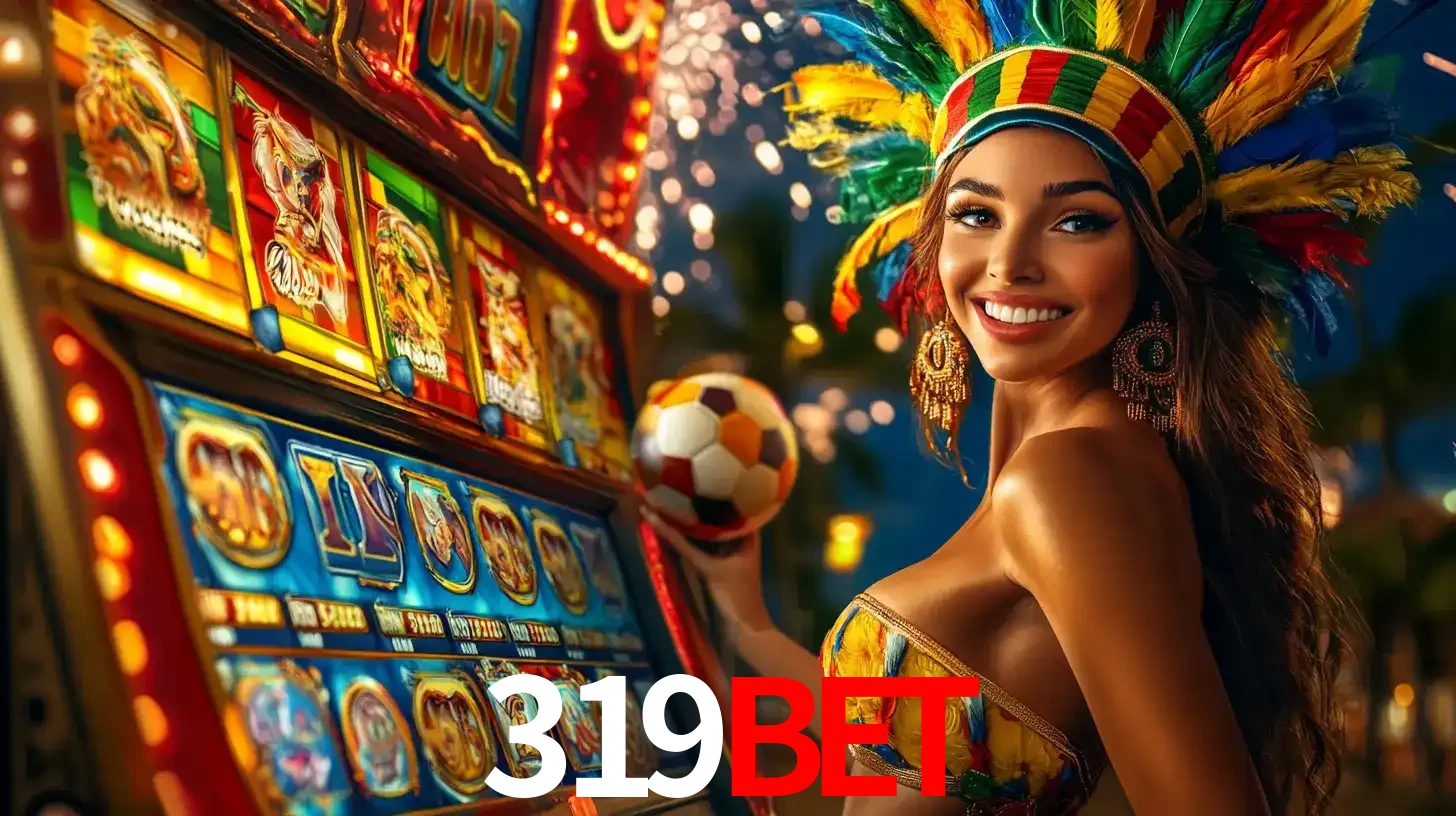 Mulher com um cocar de carnaval ao lado de uma máquina de caça-níqueis enquanto segura uma bola de futebol, mostrando a união da diversão de cassino e esportes no 319bet.