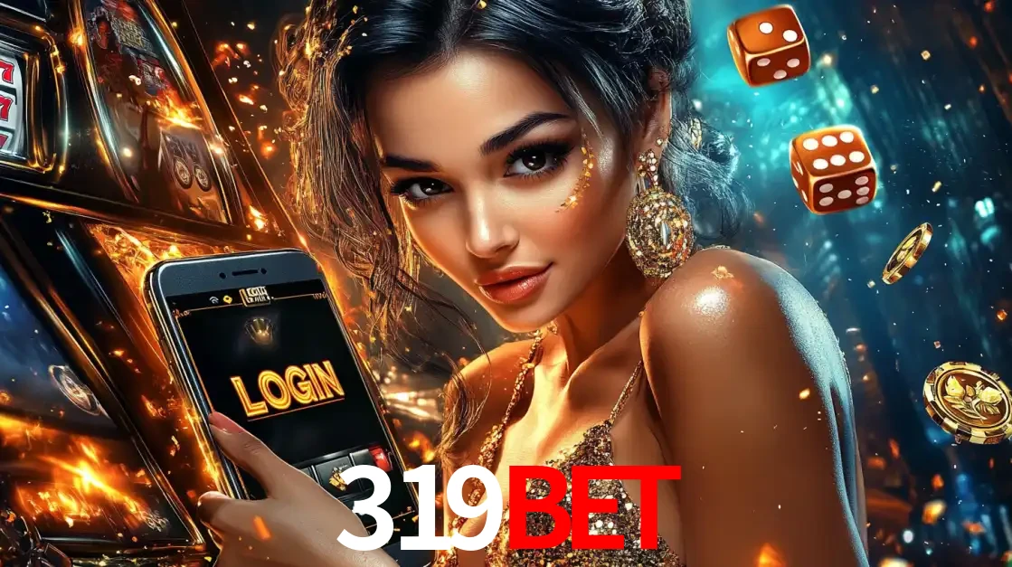 Mulher glamourosa segurando um celular com a tela de login do cassino 319bet, rodeada por dados e moedas douradas, pronta para começar a diversão.