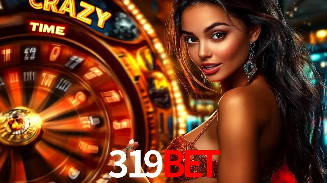 Mulher ao lado da roda de prêmios do jogo de cassino ao vivo Crazy Time, um dos shows de jogos mais emocionantes oferecidos pela plataforma de apostas 319bet.