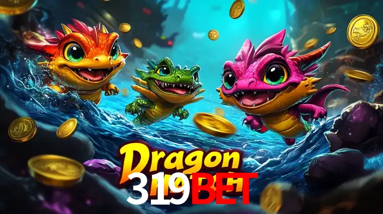 Arte promocional do jogo Dragon Hatch com três adoráveis dragões bebês nadando entre moedas de ouro, um dos slots mais divertidos para jogar no cassino 319bet.