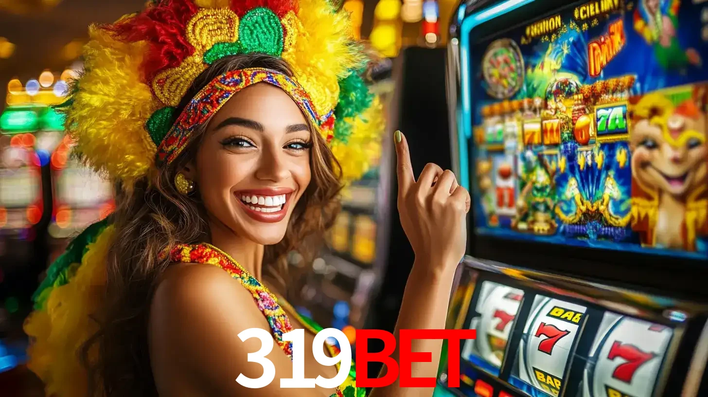 Mulher animada com um cocar de carnaval apontando para uma máquina de caça-níqueis, mostrando a emoção de ganhar um grande prêmio nos jogos do 319bet.