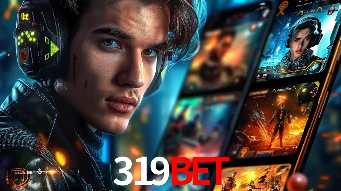 Jovem jogador com fones de ouvido olhando para a câmera, com um aplicativo de jogos e e-sports para celular ao fundo, pronto para a competição e apostas no 319bet.