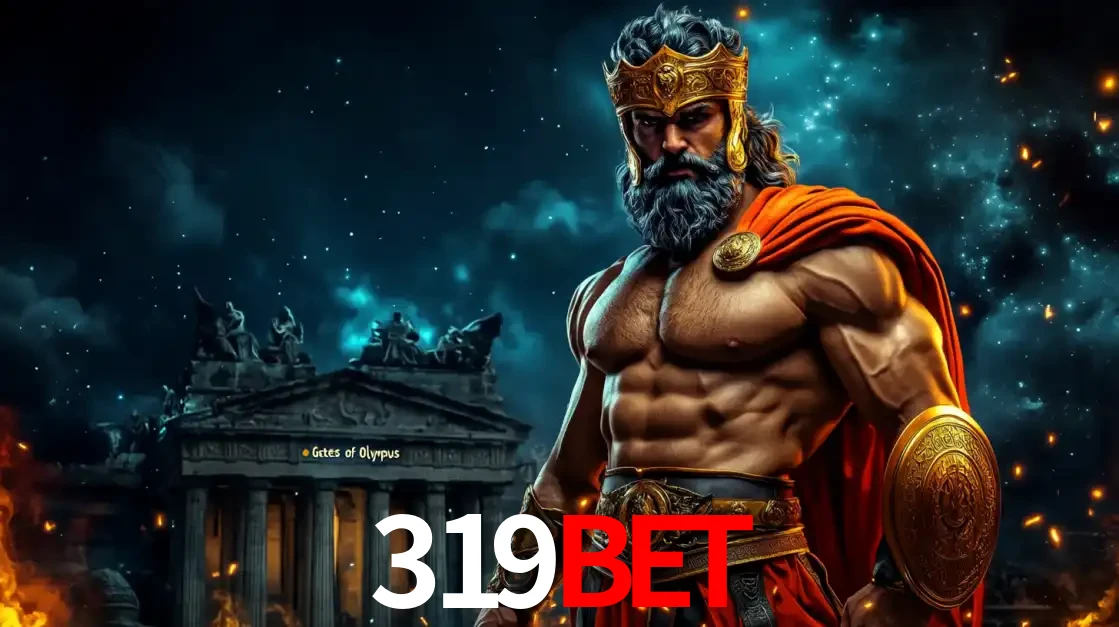 O poderoso Zeus do jogo de slot Gates of Olympus em frente ao seu templo, pronto para lançar multiplicadores divinos e prêmios épicos no cassino online 319bet.