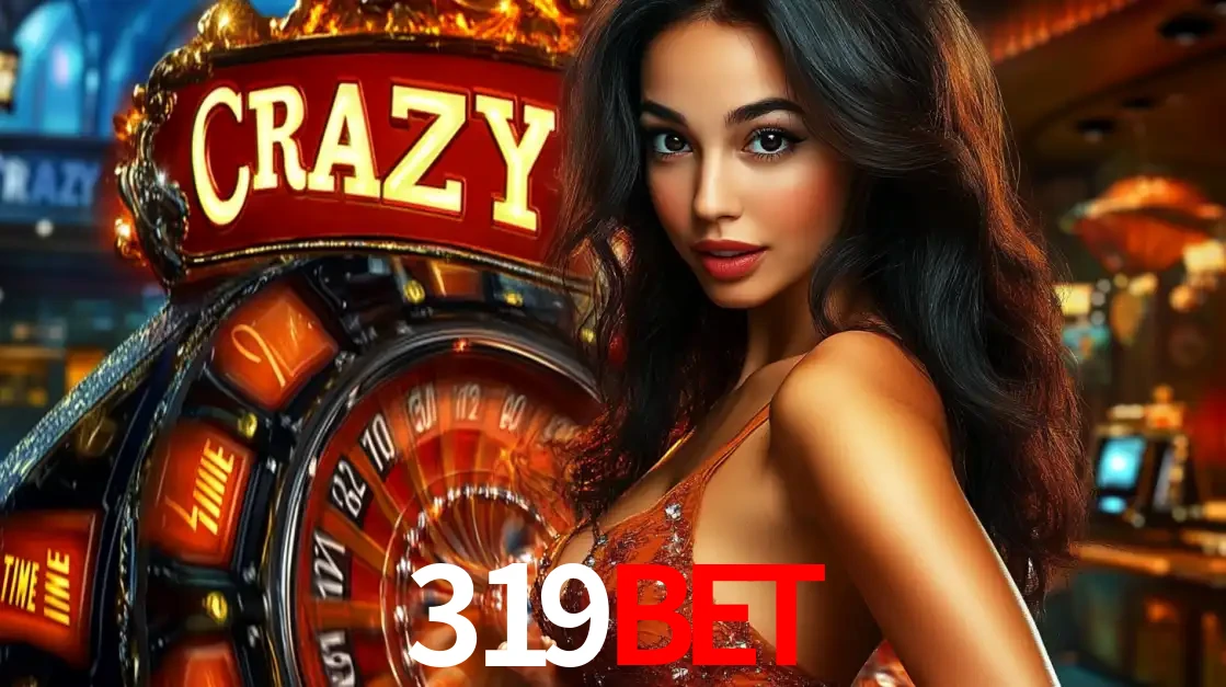 Mulher glamourosa olhando para a câmera com a roda vermelha do Crazy Time ao fundo em um ambiente de cassino, destacando a emoção dos jogos ao vivo no 319bet.