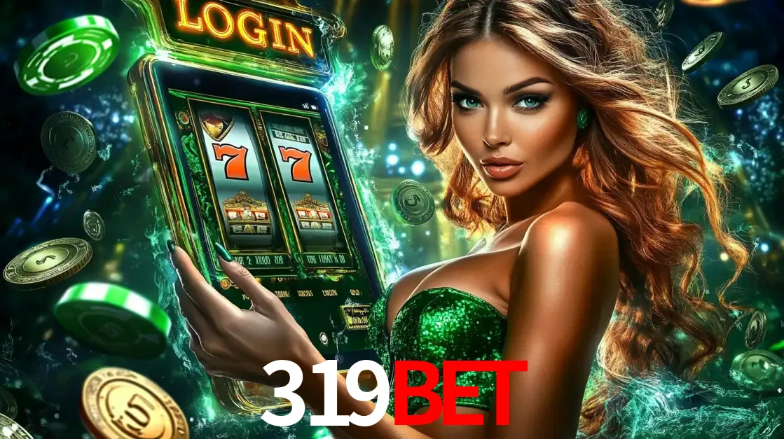 Mulher com tema verde apresentando o aplicativo do cassino 319bet com um jogo de slot de 777, cercada por fichas de cassino e uma aura de sorte.