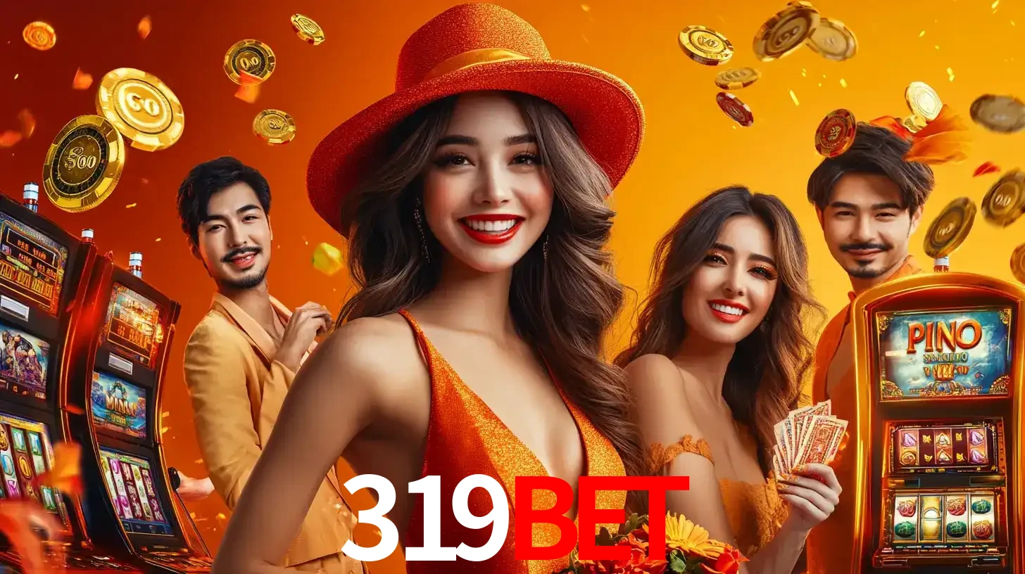 Grupo de amigos asiáticos sorrindo e se divertindo com máquinas de caça-níqueis em um ambiente festivo, celebrando suas vitórias nos jogos de cassino do 319bet.