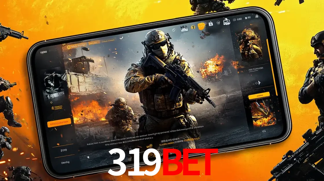 Um smartphone exibindo a interface de um jogo de tiro em primeira pessoa, com um soldado em um cenário de batalha, representando a ação dos e-sports para apostar no 319bet.