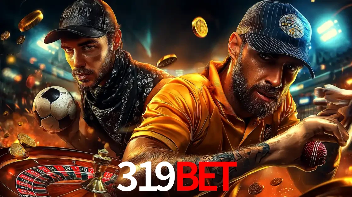 Montagem de apostas esportivas e cassino no 319bet, com um homem segurando uma bola de futebol e outro uma de beisebol sobre uma roleta e moedas voadoras.