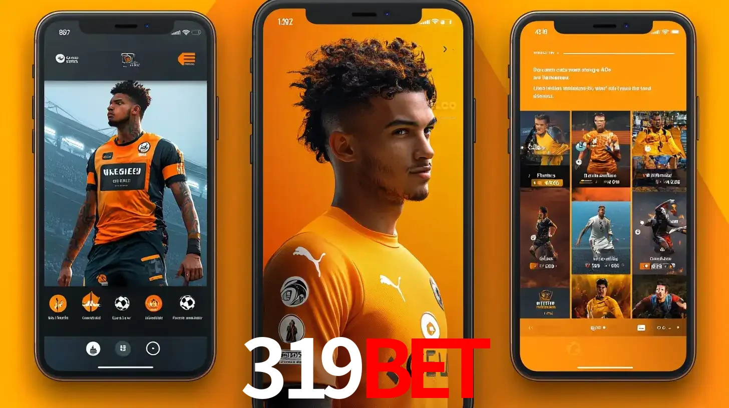 Interface do aplicativo de apostas esportivas 319bet em três telas de celular, mostrando o perfil de um jogador de futebol e a lista de jogos disponíveis para apostar.