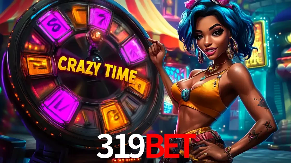 Mulher estilizada com cabelo azul e visual vibrante posando ao lado da roda de prêmios do game show Crazy Time, convidando para a diversão e os bônus do cassino 319bet.