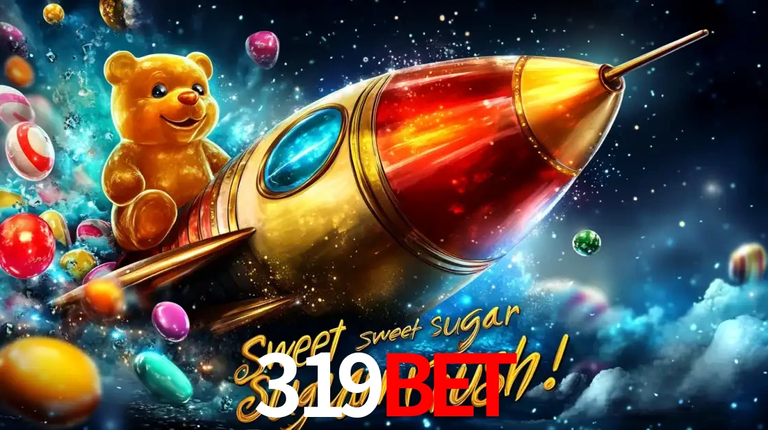 Arte promocional do jogo de slot Sugar Rush, com um urso de pelúcia em um foguete viajando pelo espaço de doces, um dos jogos divertidos disponíveis no cassino 319bet.