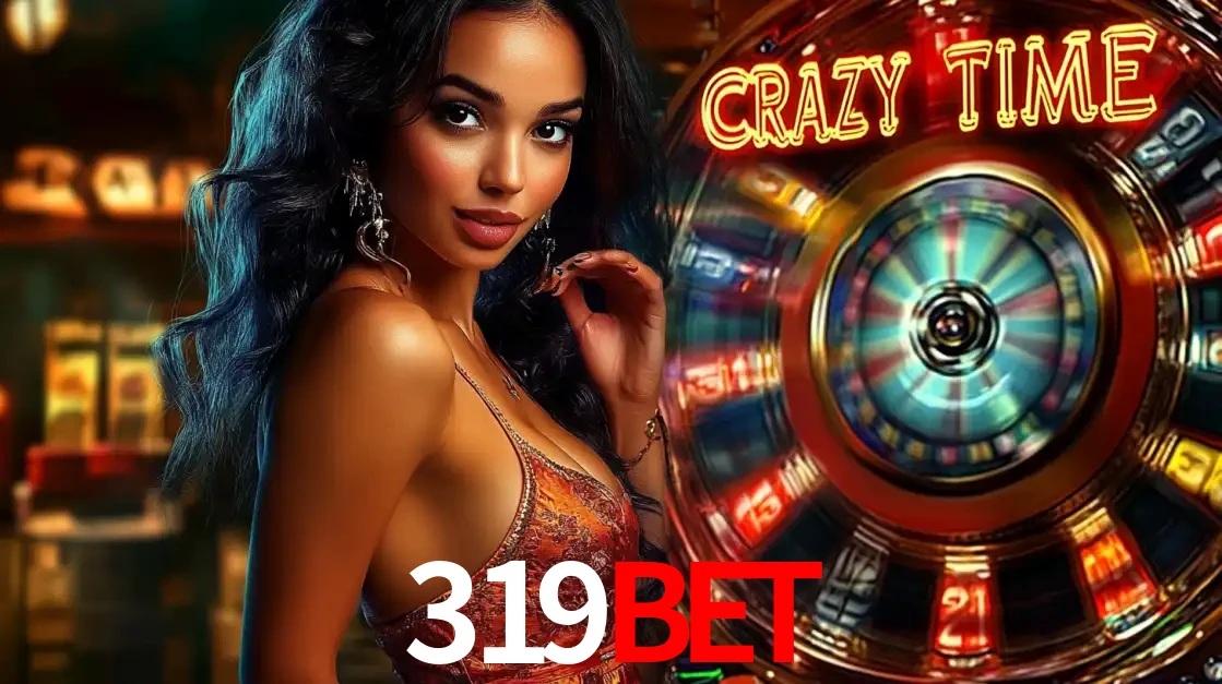 Mulher elegante ao lado da vibrante roda da fortuna do jogo de cassino ao vivo Crazy Time, um dos game shows mais populares e cheios de prêmios do 319bet.