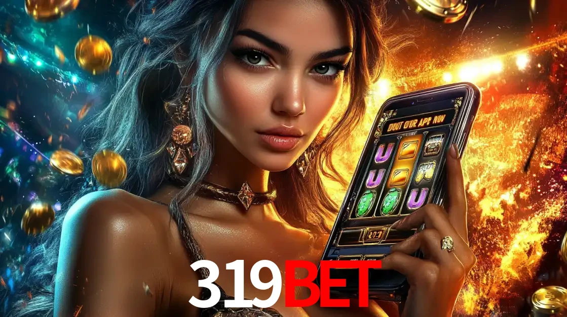 Mulher elegante mostrando um jogo de caça-níqueis em seu smartphone, destacando a experiência de cassino móvel oferecida pelo aplicativo 319bet.
