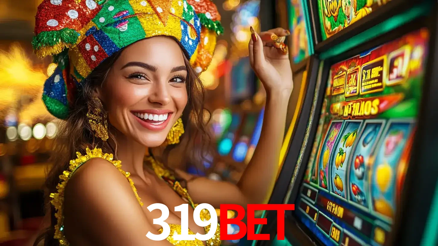 Mulher feliz com traje de carnaval amarelo e colorido ao lado de uma máquina de caça-níqueis, aproveitando a diversão e os jogos temáticos do cassino 319bet.