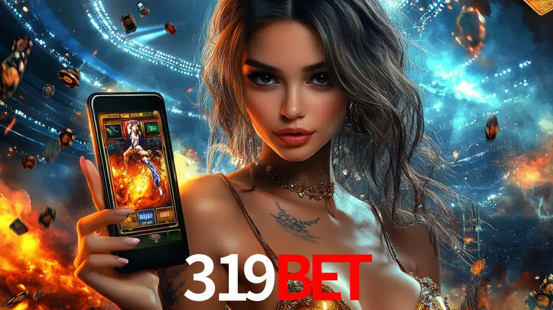 Mulher segurando um celular com um jogo de slot em destaque, tendo como fundo um estádio vibrante, simbolizando a emoção de jogar no cassino móvel 319bet.