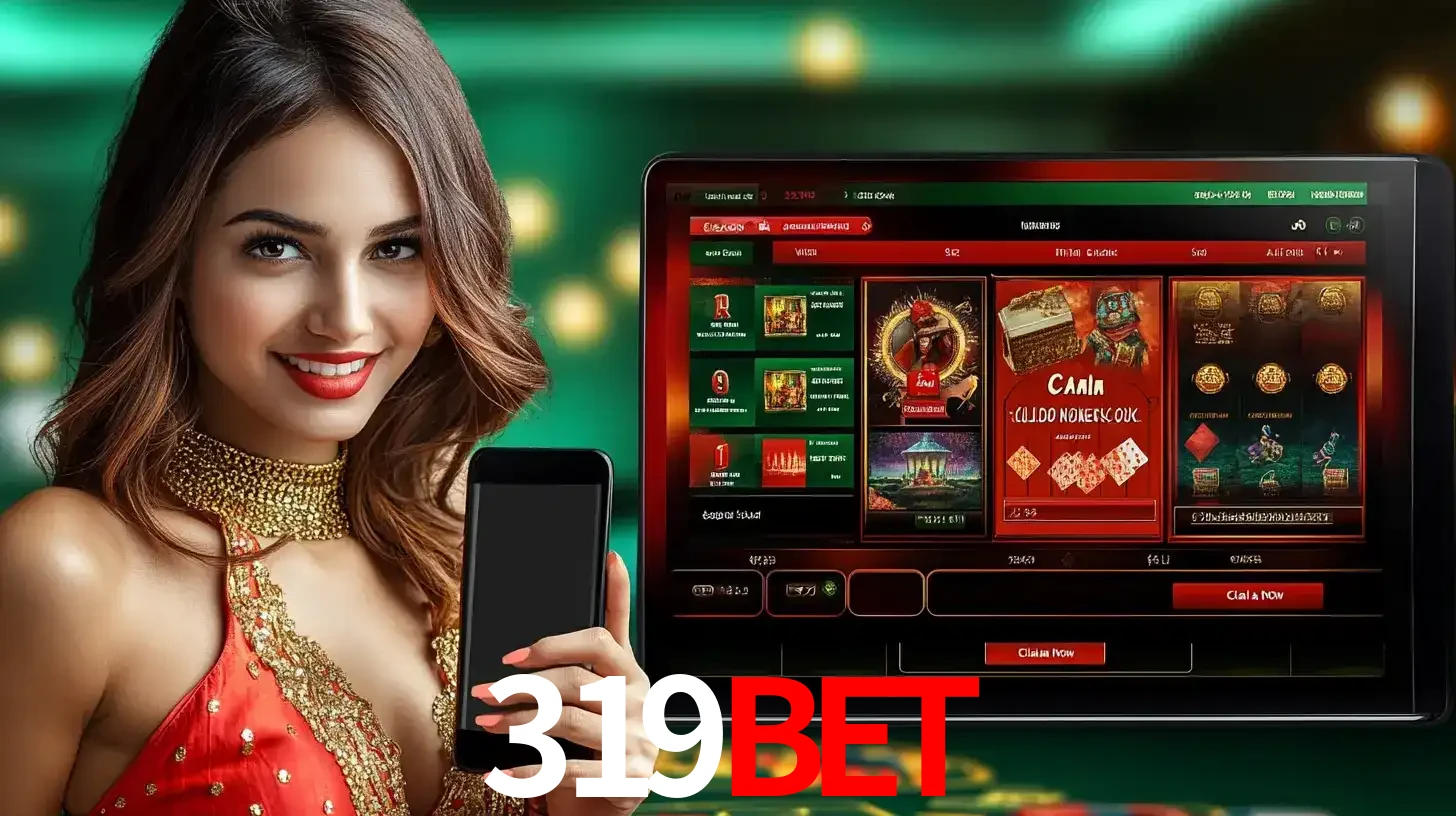 Mulher sorridente segurando um smartphone, ao lado de uma tela exibindo o lobby de jogos do cassino online 319bet, com várias opções de jogos de cartas e slots.